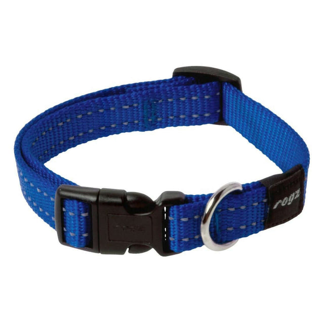 Rogz Classic Reflective Dog Collar in blue with ergonomic buckle and accessory D ring for ID tag attachment.