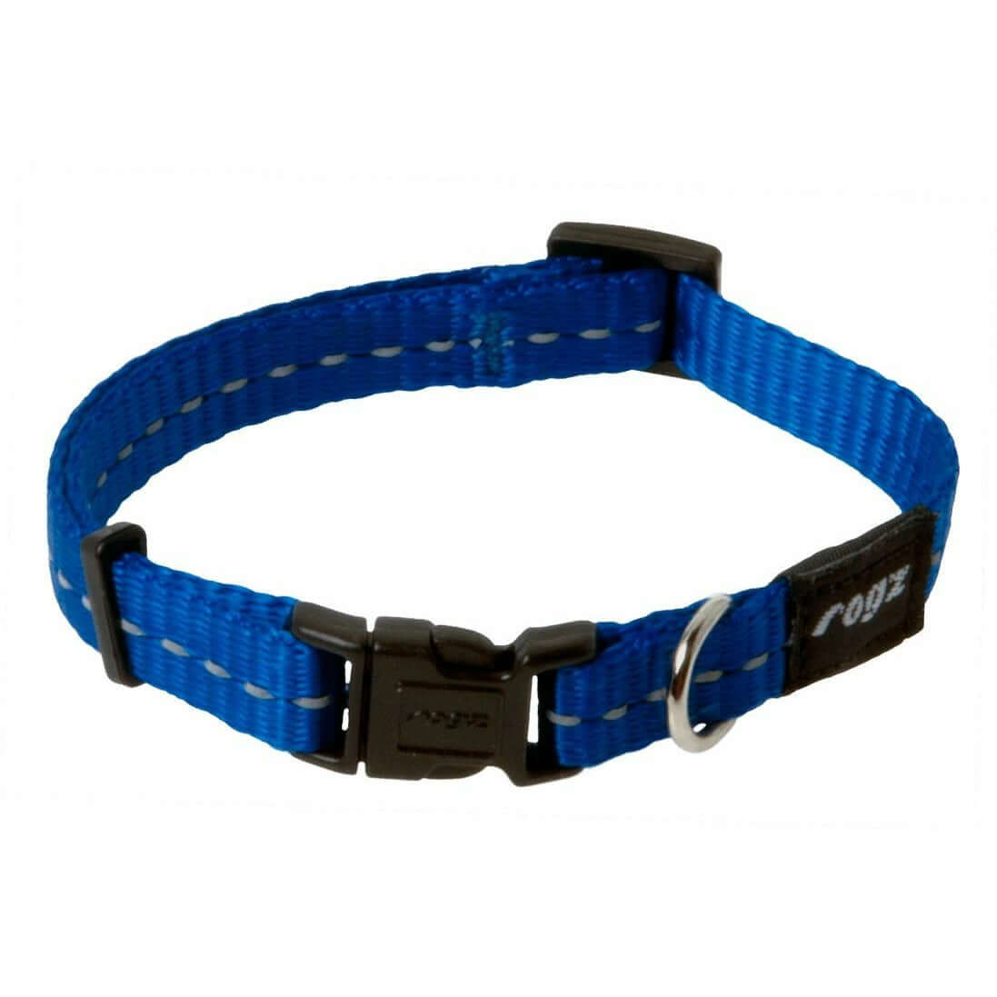Rogz Classic Reflective Dog Collar in blue with ergonomic buckle and D ring for ID tags, designed for safe night-time visibility.