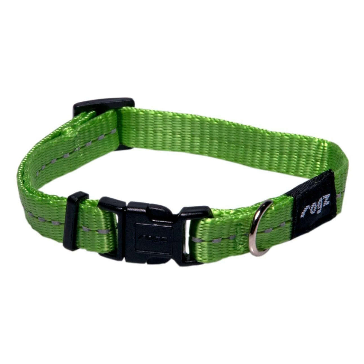 Rogz Classic Reflective Dog Collar in green with ergonomic buckle and reflective stitching for night-time visibility.