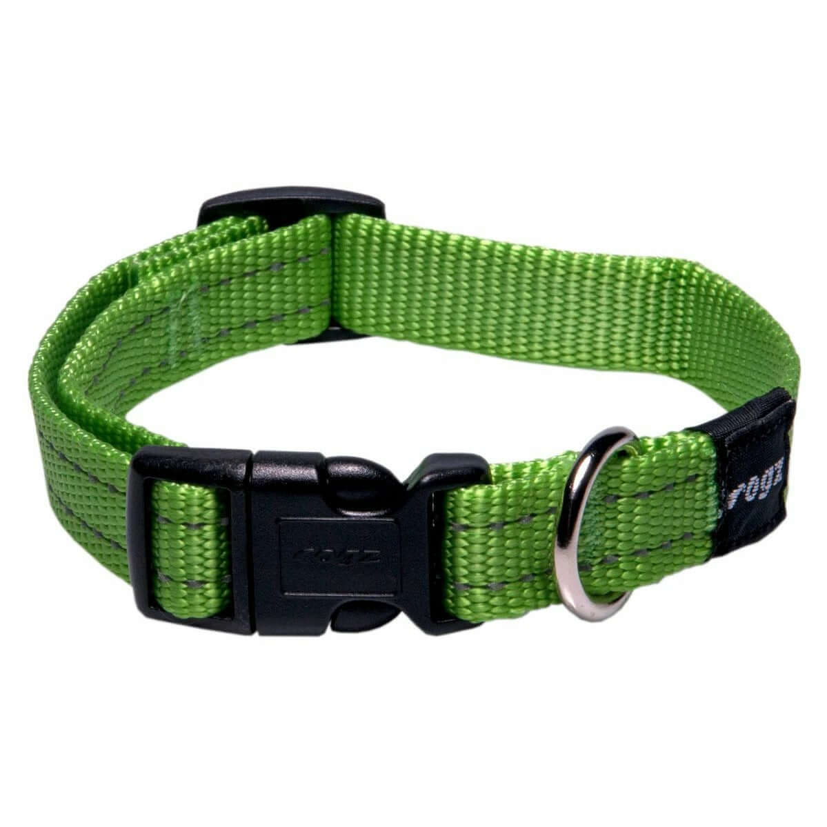 Rogz Classic Reflective Dog Collar in vibrant green with ergonomic buckle and D ring for ID tag attachment. Perfect for safe, everyday use.