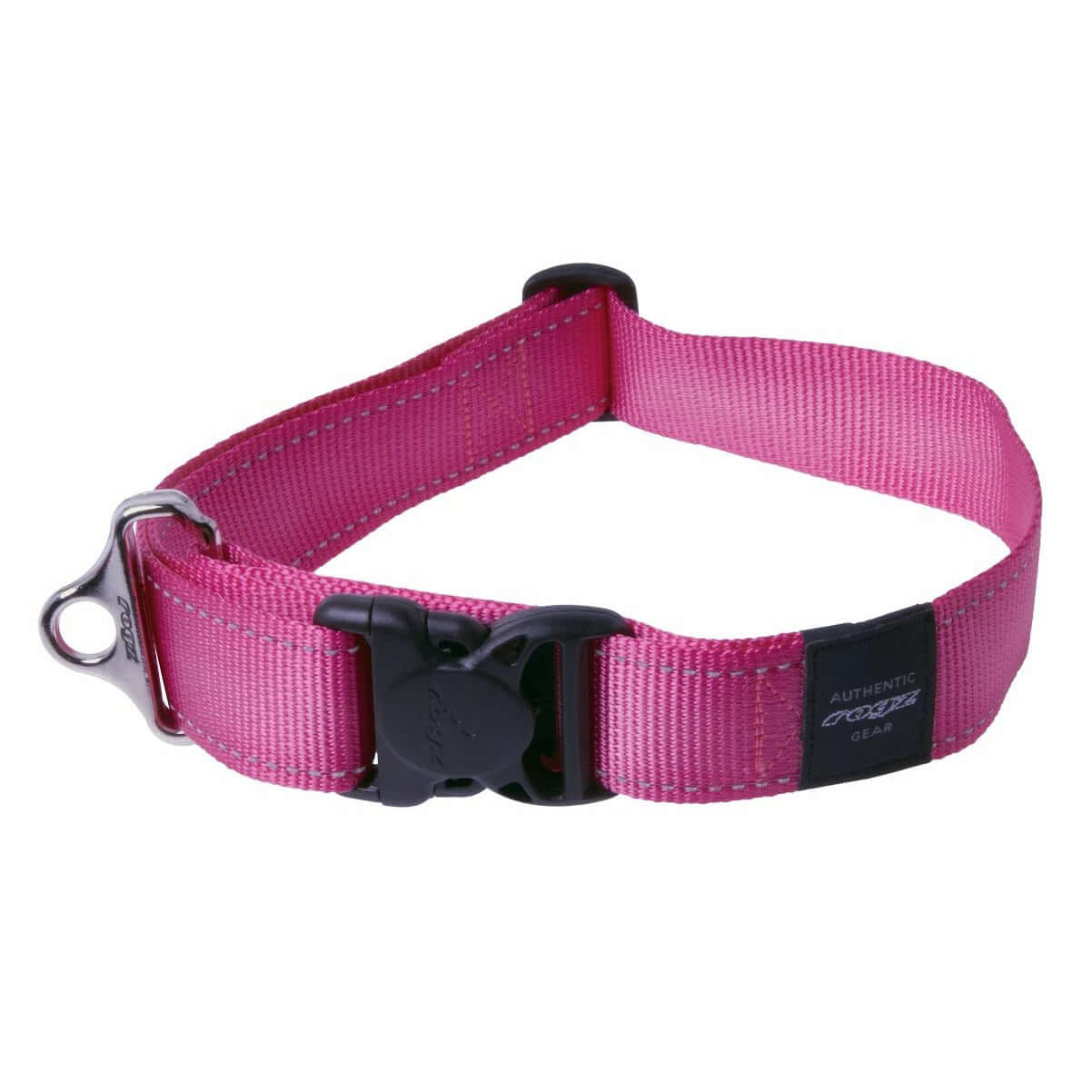 Rogz Classic Reflective Dog Collar in pink with ergonomic buckle and D-ring for ID tag attachment.