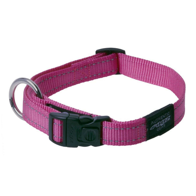 Rogz Classic Reflective Dog Collar in pink with ergonomic buckle and D-ring for ID tag attachment.