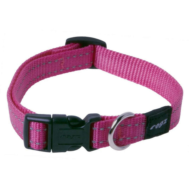 Rogz Classic Reflective Dog Collar in pink with ergonomic buckle and D ring for ID tags, showcasing strong webbing and reflective stitching.