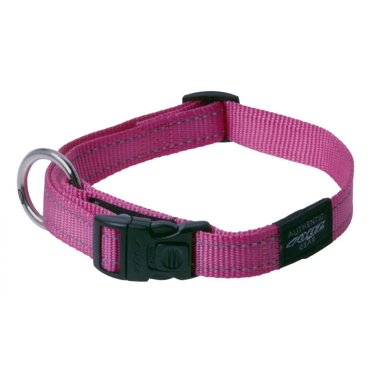 Rogz Classic Reflective Dog Collar in pink with ergonomic buckle and D ring for ID tags, designed for safety and comfort.