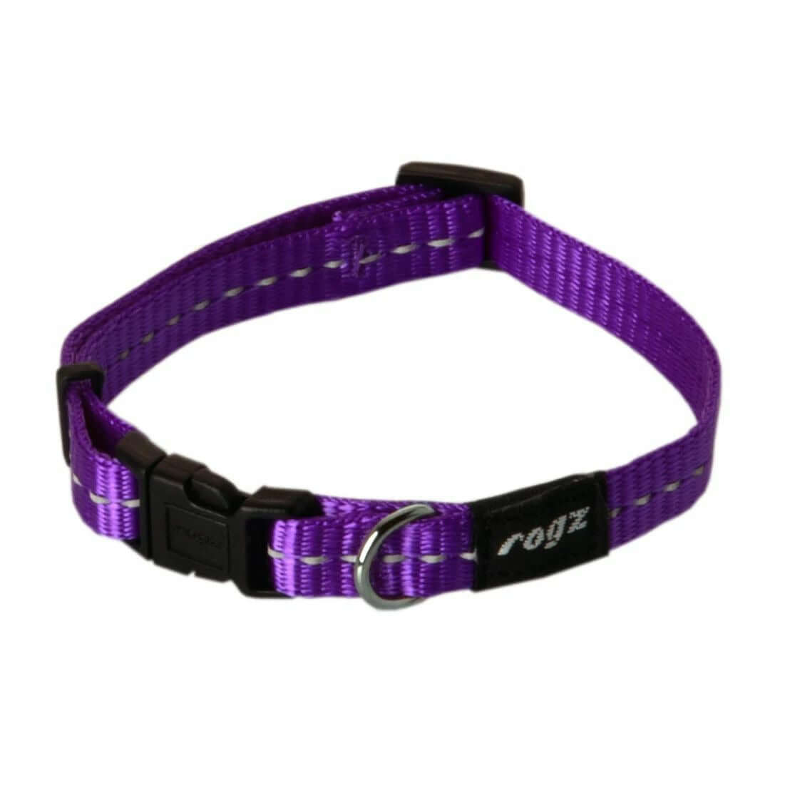Rogz Classic Reflective Dog Collar in purple, featuring strong webbing and reflective stitching for visibility.