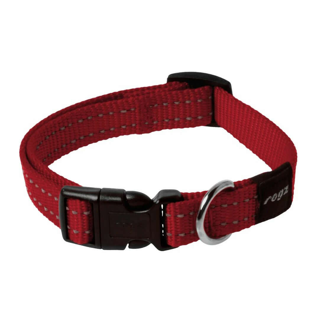 Rogz Classic Reflective Dog Collar in red with ergonomic buckle and D-ring for ID tags, suitable for everyday use.
