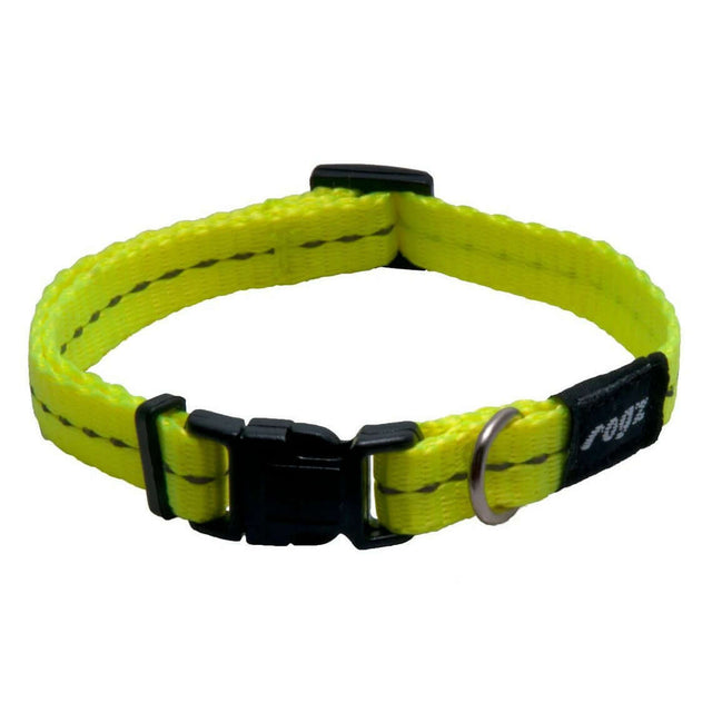 Rogz Classic Reflective Dog Collar in bright yellow with ergonomic buckle and D ring for ID tag attachment.