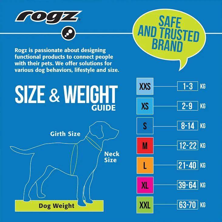 Rogz size and weight guide for dog collars showing measurements for various sizes from XXS to XXL.