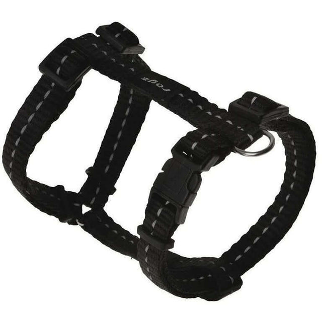 Rogz Classic Reflective Harness in black, featuring adjustable straps and reflective stitching for safety during night walks.