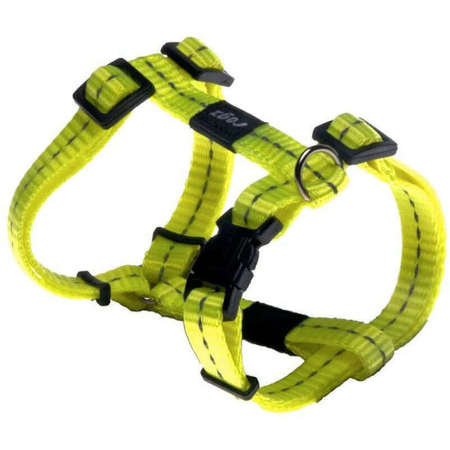 Rogz Classic Reflective Harness in bright yellow with adjustable straps and front lead attachment for dogs.