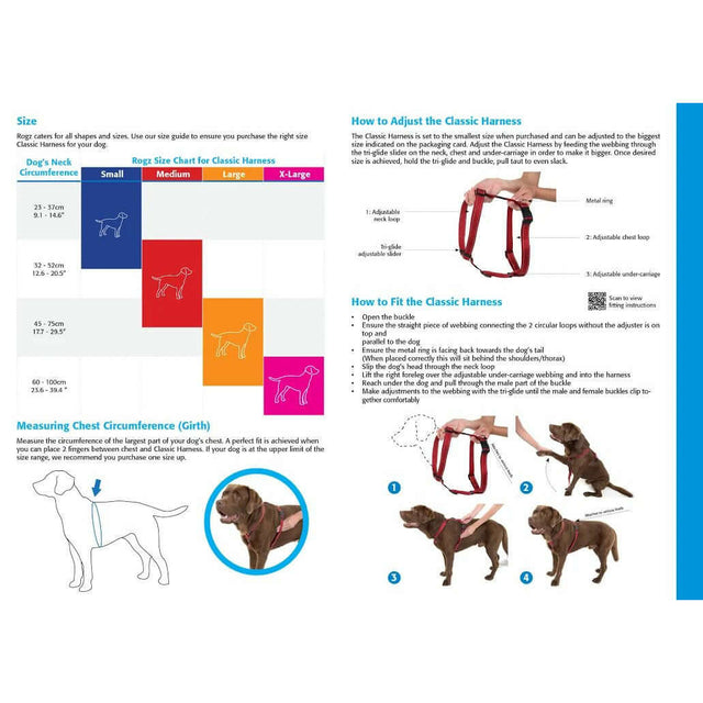 Infographic on adjusting and fitting the Rogz Classic Reflective Harness with sizing chart for dogs.
