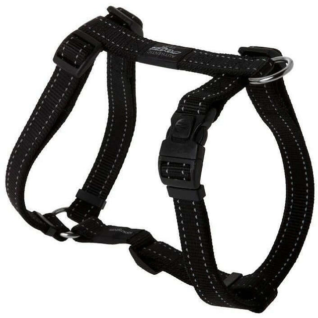 Rogz Classic Reflective Harness in black, fully adjustable with reflective stitching for added visibility and front lead attachment.