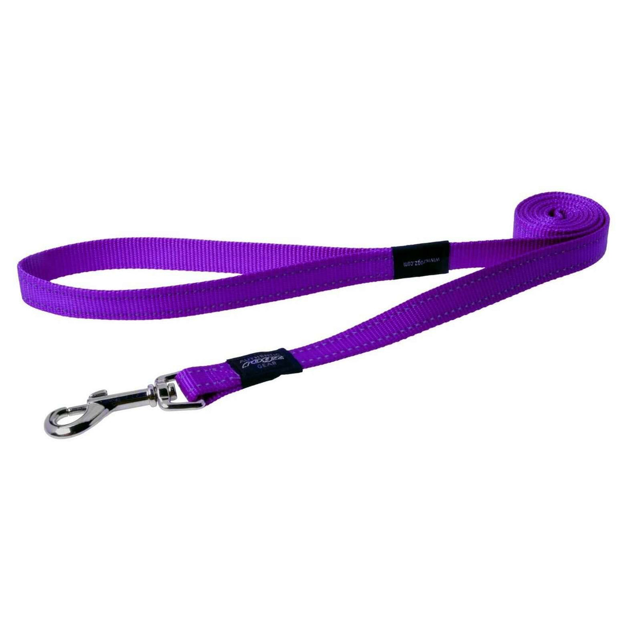 Rogz Classic Reflective Lead in vibrant purple, showing high-strength webbing and durable clip for pet safety.