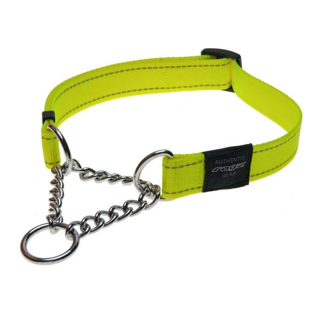 Rogz Control Chain Reflective Dog Collar in bright yellow for safe training and behavior correction. Non-slip design with stainless steel chain.