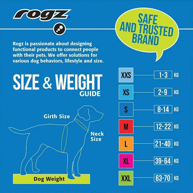 Rogz size and weight guide for dog collars, detailing weight categories and girth measurements for optimal fit.