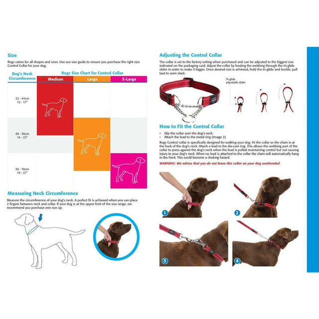 Infographic on sizing and fitting Rogz Control Chain Reflective Dog Collars, showing measurement guide and adjustment steps.