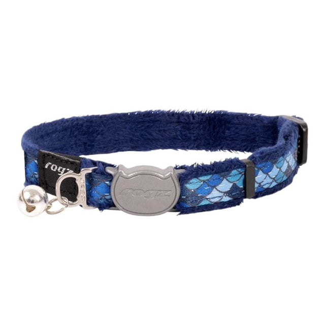 Rogz Fashion Cat Safety Collar in blue with fish scale design and break-away buckle, perfect for stylish and safe kitty adventures.