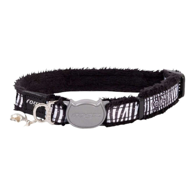 Rogz Fashion Cat Safety Collar in black and white with plush webbing and break-away buckle for daily use and identification.