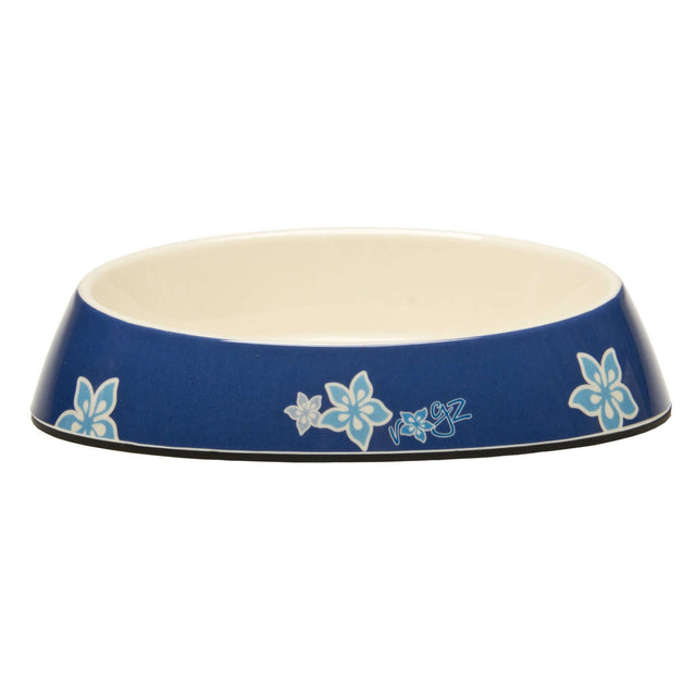 Rogz Fishcake Bowl with blue floral design, shallow and wide for comfortable cat feeding, featuring a non-skid base.