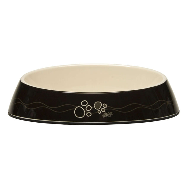 Rogz Fishcake Bowlz black cat feeding bowl with non-skid base, shallow design and bubbles pattern for a fun meal experience.
