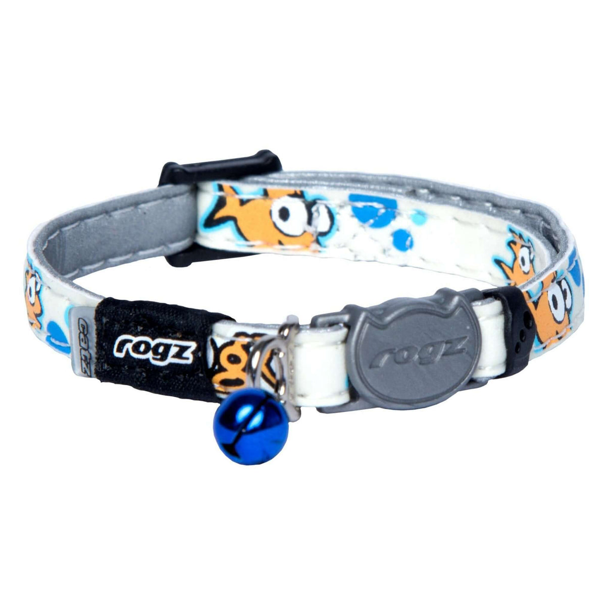 Rogz Glow Cat Collar with playful fish design, adjustable fit, and blue bell for added safety and style.