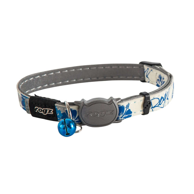 Rogz Glow Cat Collar with blue bell, adjustable design, featuring reflective and glow-in-the-dark materials for safety.