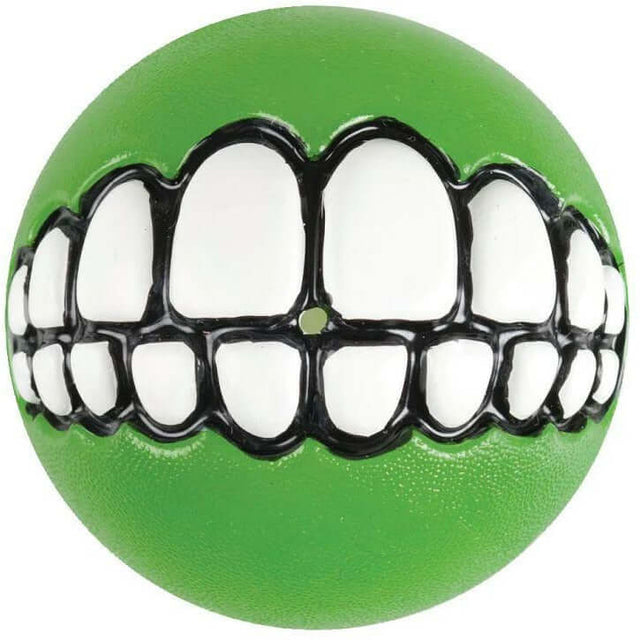 Green Rogz Grinz Dog Toy ball with a fun toothy smile design, perfect for fetch and playtime with dogs.