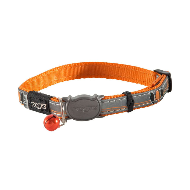 Rogz Night Cat Collar in orange with reflective design and breakaway safety buckle for cats.
