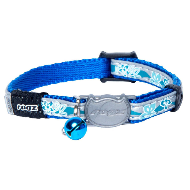 Rogz Night Cat Collar in blue with floral design and bell, adjustable for safety and comfort for cats.
