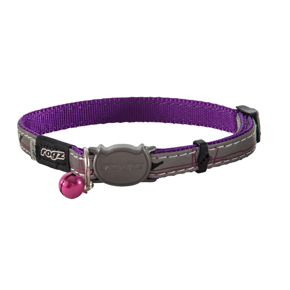 Rogz Night Cat Collar in purple with reflective stitching and breakaway clip, designed for safety and adjustable fit.