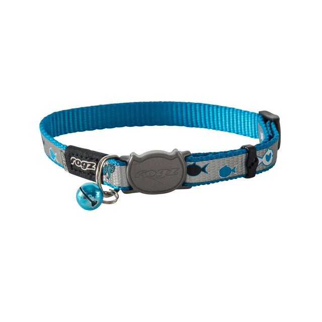 Rogz Reflecto Cat Collar in blue with reflective fish patterns and a breakaway clip for safety. Ideal for cats and kittens.
