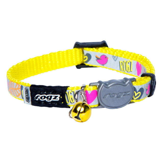 Rogz Reflecto cat collar in yellow with cute patterns and safety breakaway clip, featuring a bell for added charm.