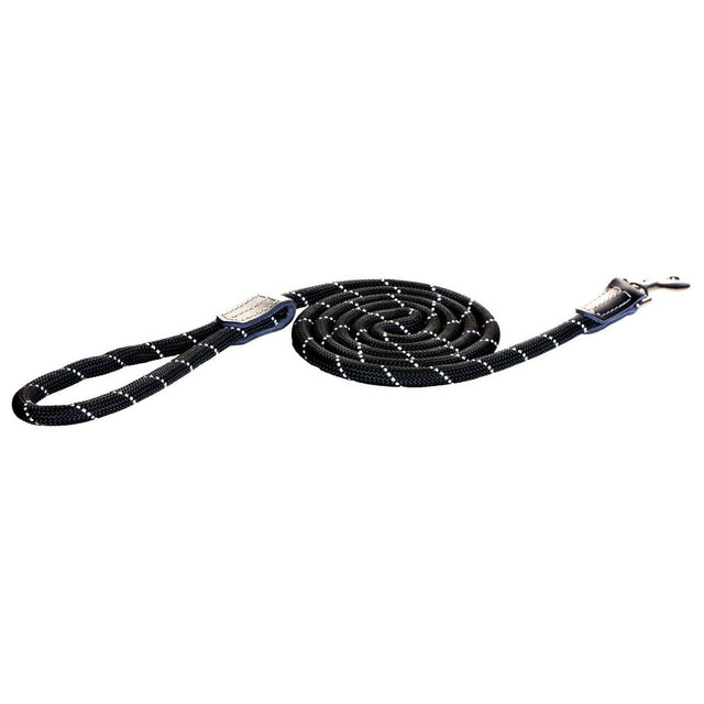 Rogz Rope Lead in black with reflective stitching for enhanced visibility and strength during dog walks.