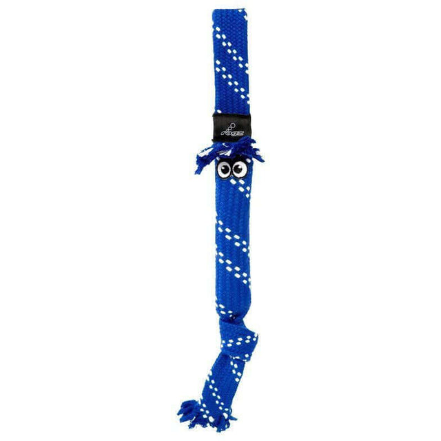 Blue Rogz Scrubz Dog Toy featuring a fun design with a rubber tube and playful fringe for engaging dental cleaning.
