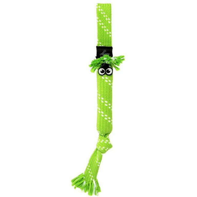 Rogz Scrubz Dog Toy in vibrant green with a playful fringe and eyes, designed for fun and teeth cleaning for dogs.