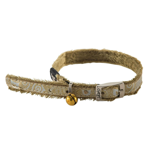 Rogz Sparkle Cat Collar with adjustable design, metal pin-buckle, and removable golden bell. Blingy beige satin-weave nylon.