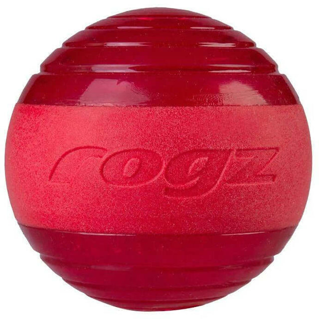 Rogz Squeekz dog toy ball in vibrant red color, designed for fun fetch games with squeaky sound and floating feature.