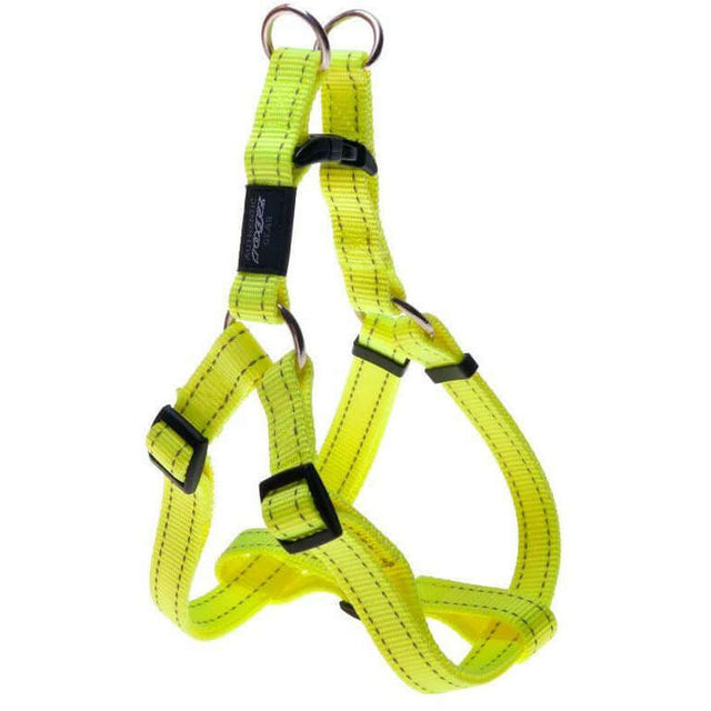 Rogz Step-In Reflective Harness in bright yellow, featuring adjustable straps and reflective stitching for safety and visibility.