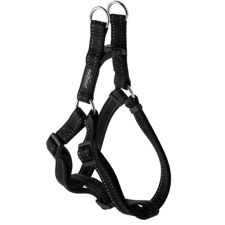 Rogz Step-In Reflective Harness in black, designed for easy fit and night-time visibility with durable webbing.