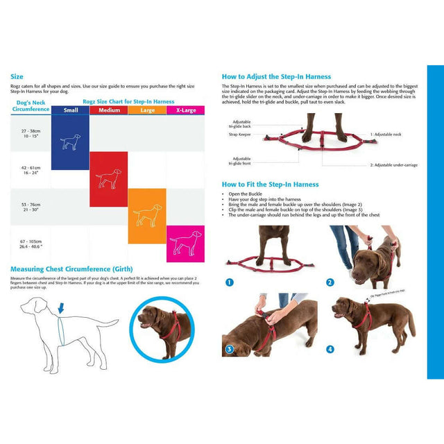 Dog size chart and fitting guide for Rogz Step-In Reflective Harness, showing measurement tips and fitting instructions.