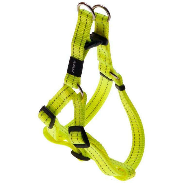 Rogz Step-In Reflective Harness in bright yellow with adjustable straps and reflective stitching for enhanced visibility.