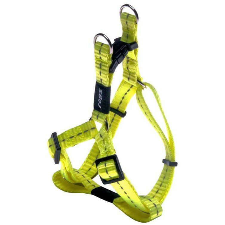 Rogz Step-In Reflective Harness in bright yellow, adjustable design with reflective stitching for visibility and safety.