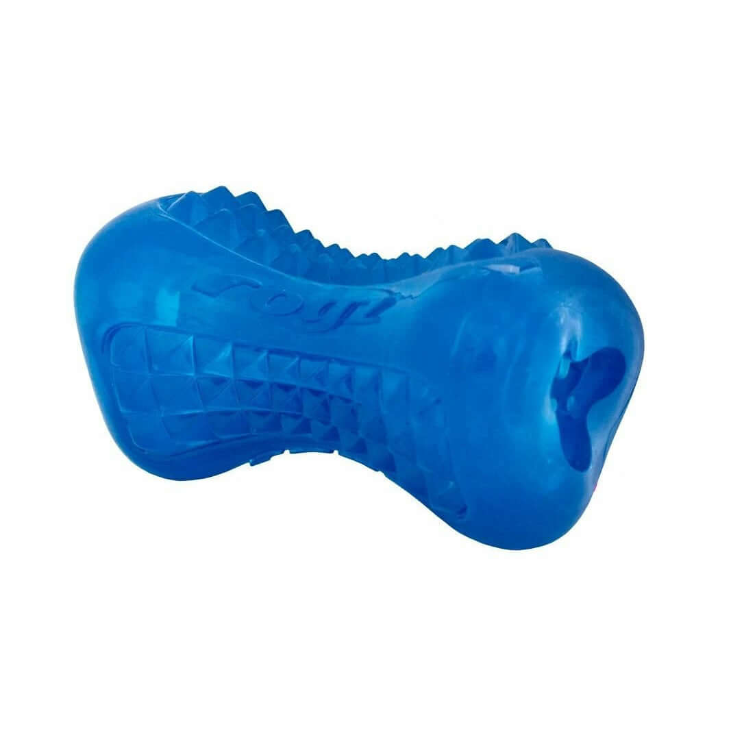 Rogz Yumz blue dog toy for oral care and gum massage, made from durable TPR material.