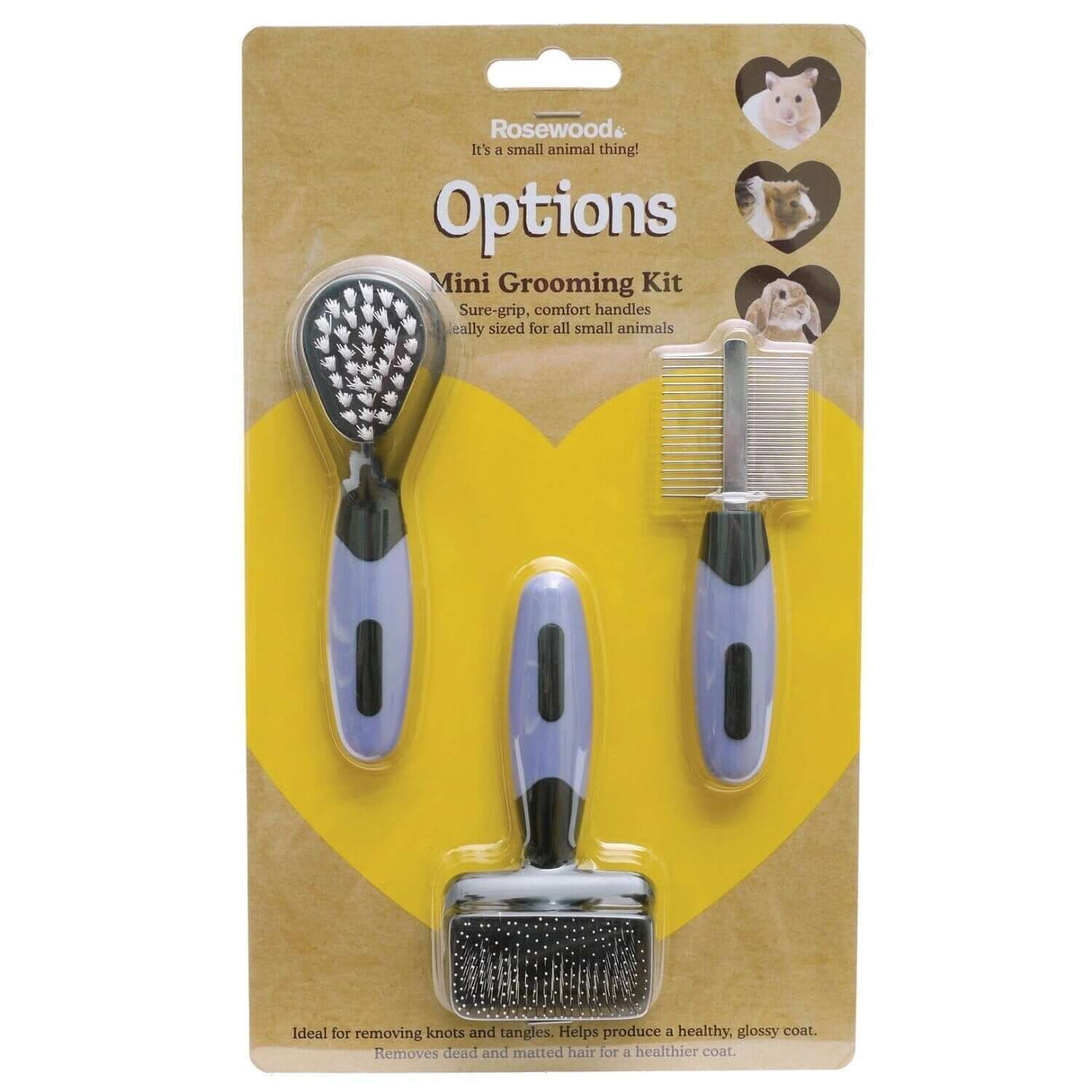 Rosewood Mini Grooming Kit with three grooming tools on packaging, designed for small pets, including comb and brushes.