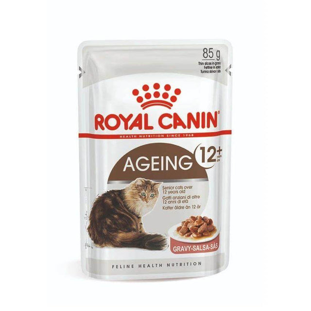 Royal Canin Ageing +12 Cat Wet Food Pouch 85g for senior cats in gravy, containing thin slices for optimal nutrition.