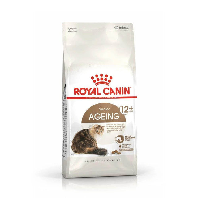 Royal Canin Senior Ageing 12+ cat food package, designed for the nutritional needs of senior cats over 12 years old.