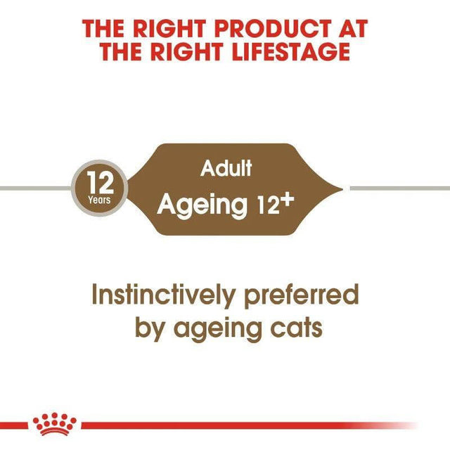 Royal Canin Ageing 12+ wet food label highlighting nutrition for senior cats over 12 years old.