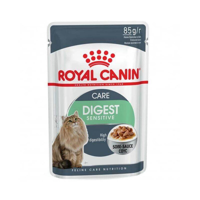 Royal Canin Cat Digest Sensitive Wet Food Pouch 85g for adult cats, featuring thin slices in gravy for high digestibility.
