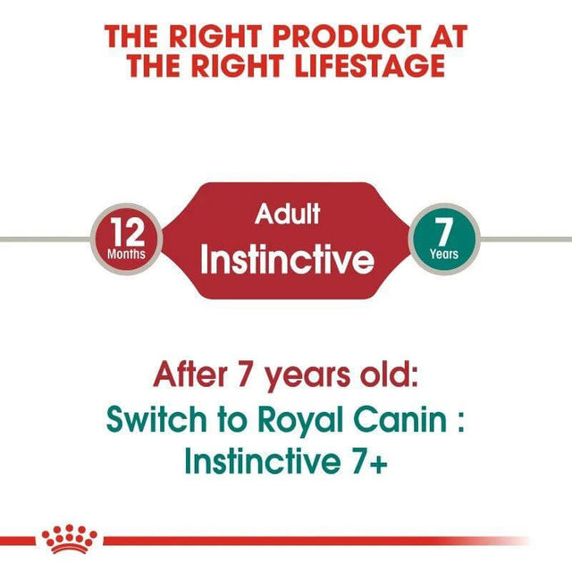 Infographic on Royal Canin cat food timeline for adult cats, emphasizing switching to Instinctive 7+ after 7 years.