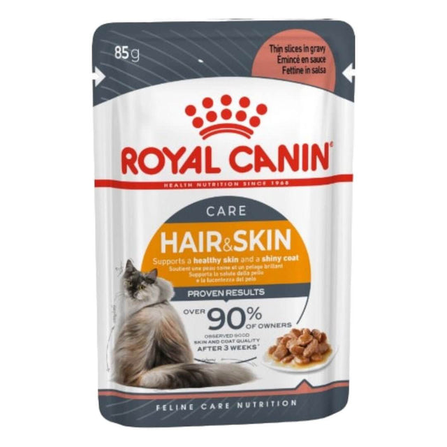 Royal Canin Hair and Skin Wet Pouch 85g for cats, promoting healthy skin, shiny coat, and ideal weight maintenance.